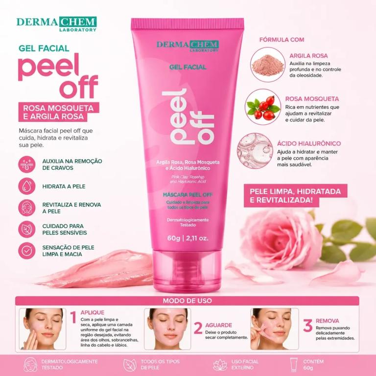 Gel Facial Peel Off Rosa Mosqueta e Argila Rosa 60g - DERMACHEM