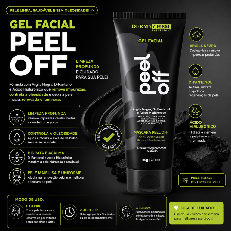 Gel Facial Peel Off D-Pantenol e Argila Negra 60g - DERMA CHEM