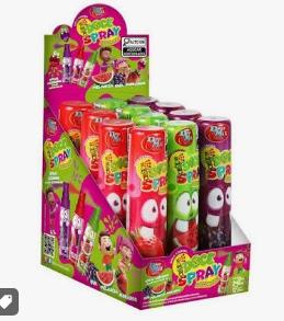 BALA DOCE SPRAY   CX 16 DISPLAYS C/12  UNIDADES 20 G MELANCIA , MORANGO ,UVA