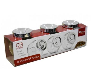 PORTA CONDIMENTO VIDRO CONJUNTO 3 PÇ TAMPA PRATA VDA0402 UNI