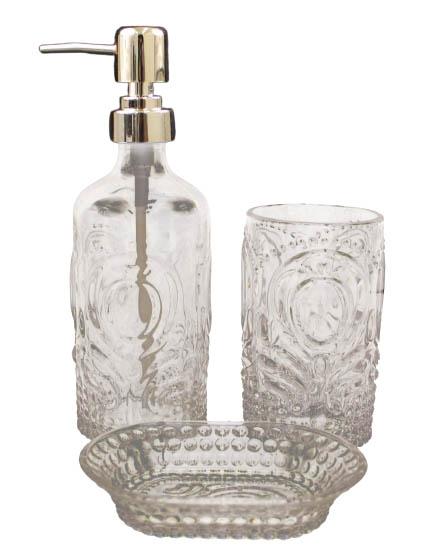 JOGO VIDRO BANHEIRO SABONETE LIQUIDO 3 PECAS UNI NA CAIXCA