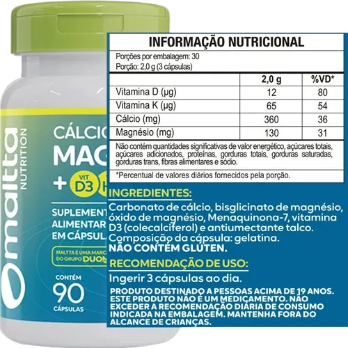 Calcio + Magnesio (D3+K2) 90cáps Maltta