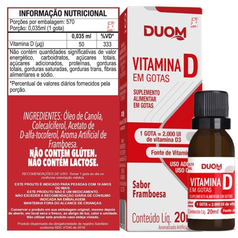 Vitamina D3 gotas 20ml sabor Framboesa Duom