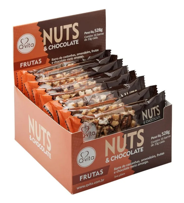 Barra Nuts Frutas e Chocolate Qvita, 528g (16un).