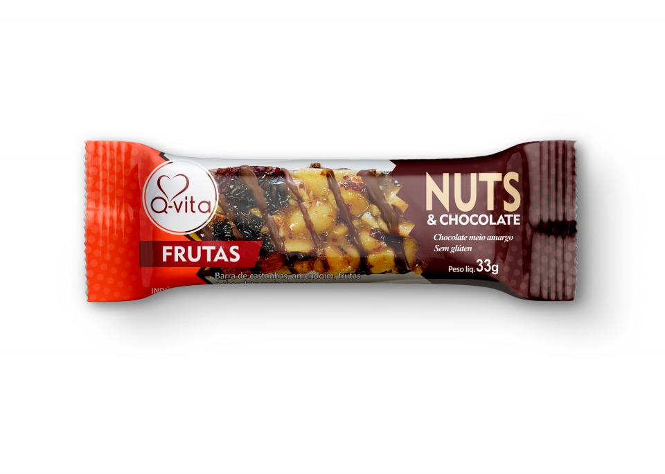 Barra Nuts Frutas e Chocolate Qvita, 528g (16un).