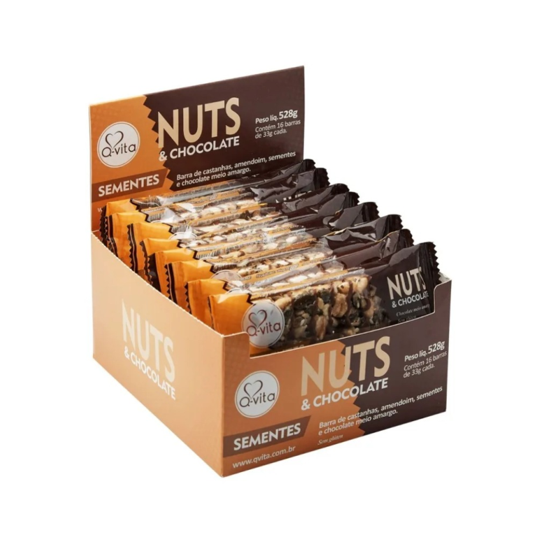 Barra Nuts Sementes e Chocolate Qvita, 528g (16UN).