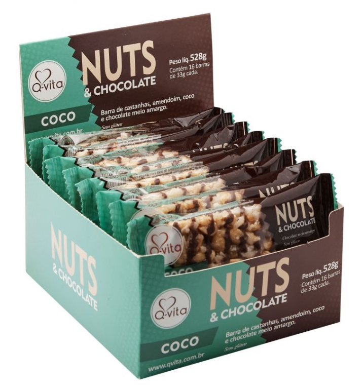 Barra Nuts Coco e Chocolate Qvita, 528g (16un).