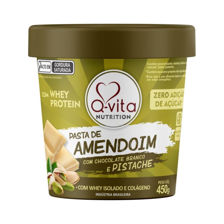 Pasta de Amendoim Pistache com Chcolate Branco Zero, 450g Qvita.