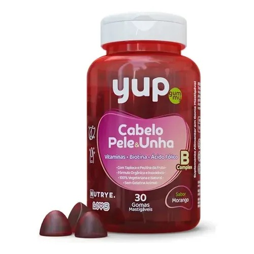 Yup Gummy adulto Cabelo, pele e unha + vitaminas e ácido folico 30 gomas sabor Morango