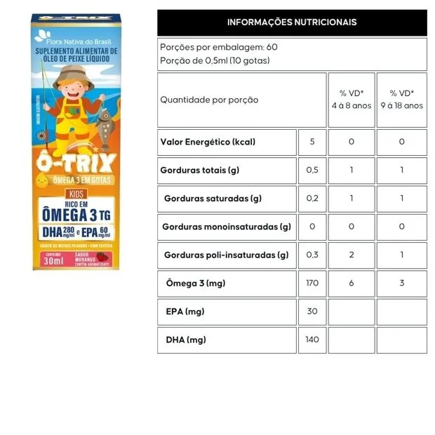O-trix Omega 3 kids em gotas sabor morango 30ml Flora Nativa