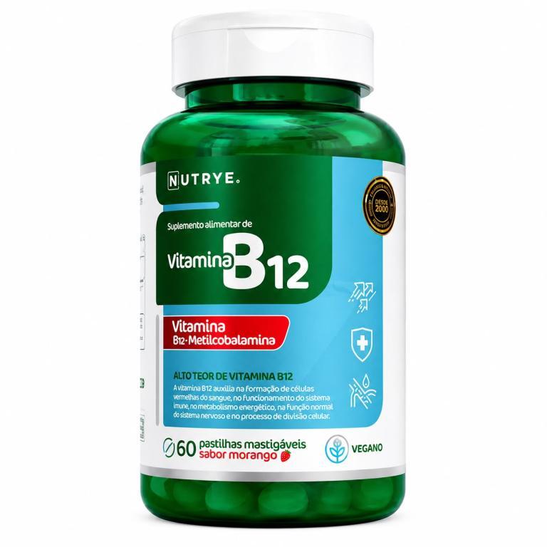 Vitamina B12 (Vegano) 60 pastilhas mastigáveis sabor Morango Nutrye