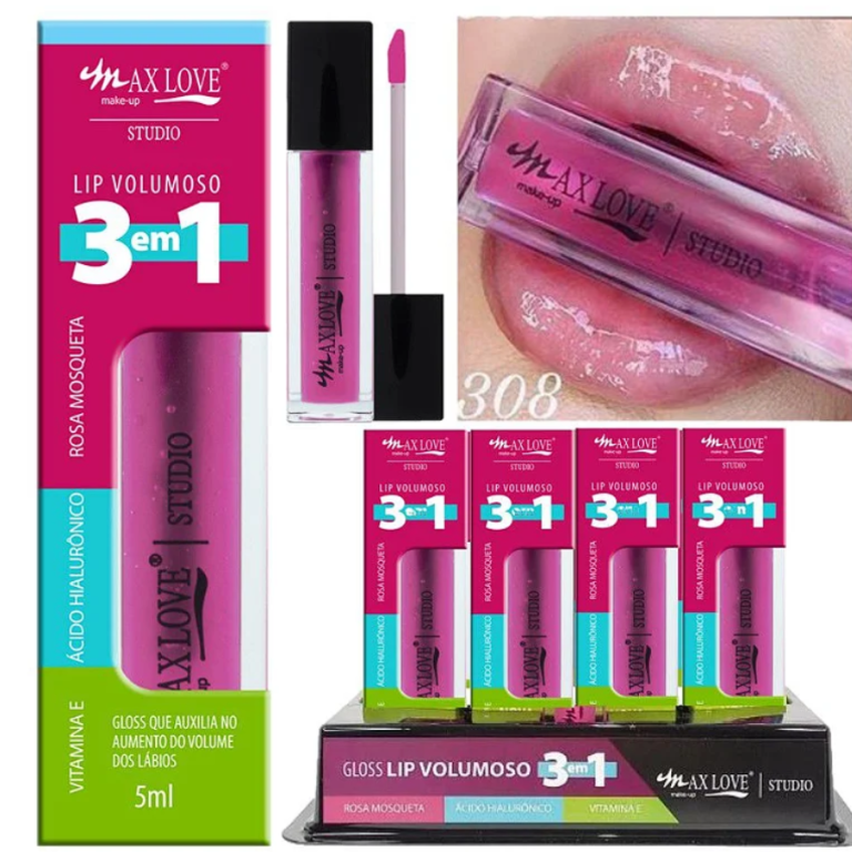 LIP GLOSS VOLUMOSO 3 EM 1 COR 308 MAX LOVE BOX COM 32 UN