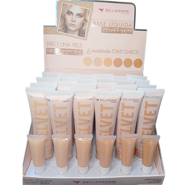 BASE LÍQUIDA VELVET SKIN BELLA FEMME 30ML TONS CLAROS BOX COM 24 UN