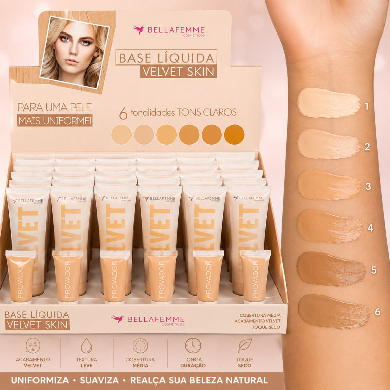 BASE LÍQUIDA VELVET SKIN BELLA FEMME 30ML TONS CLAROS BOX COM 24 UN