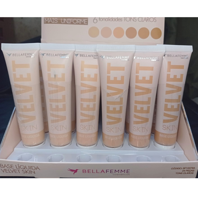 BASE LÍQUIDA VELVET SKIN BELLA FEMME 30ML TONS CLAROS BOX COM 24 UN