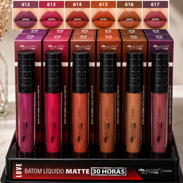BATOM LÍQUIDO MATTE 30 HORAS MAX LOVE 612 AO 617 BOX COM 48 UN