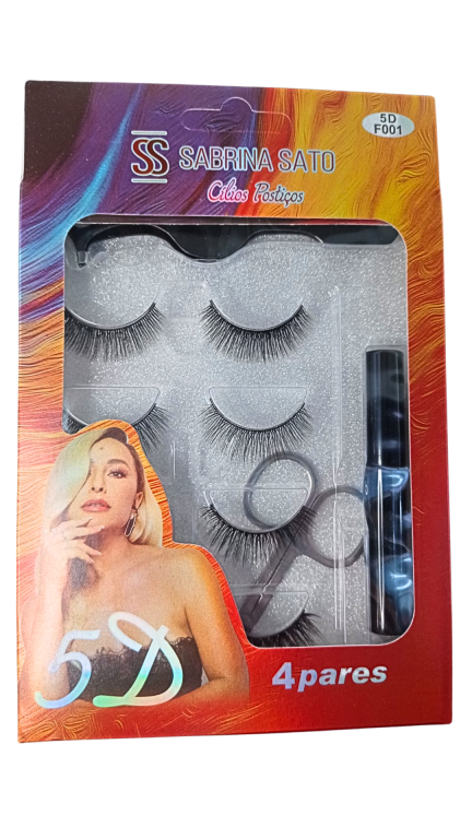 CÍLIOS POSTIÇOS 5D 4 PARES COM TESOURA,COLA E PINÇA SABRINA SATO