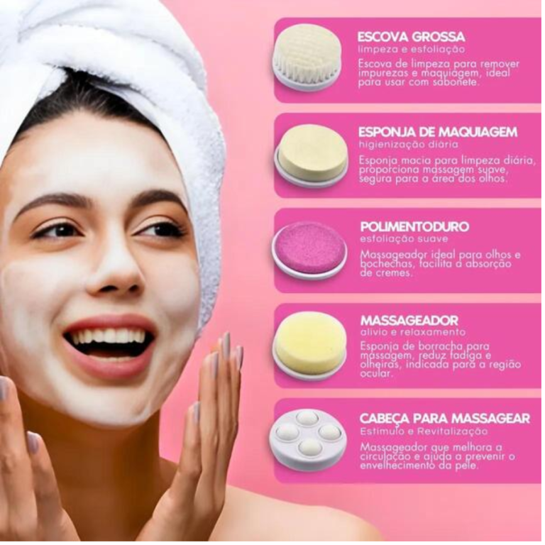 ESCOVA LIMPADORA E MASSAGEADORA FACIAL 5 PEÇAS