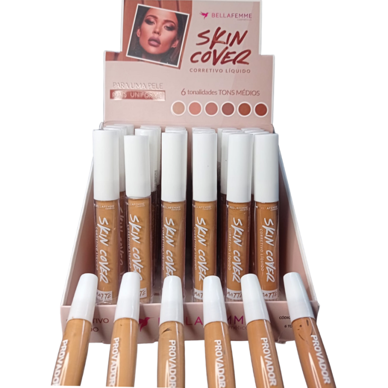 CORRETIVO LÍQUIDO SKIN COVER TONS MÉDIOS BELLA FEMME 4,5ML BOX COM 24 UN