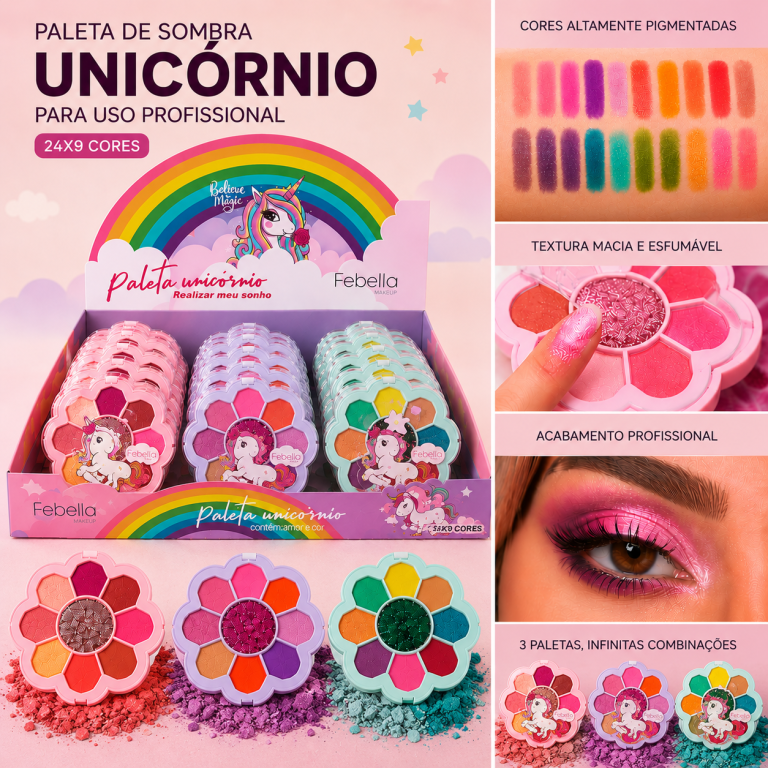 PALETA DE SOMBRA 9 CORES TEEN UNICÓRNIO FEBELLA BOX COM 24 UN