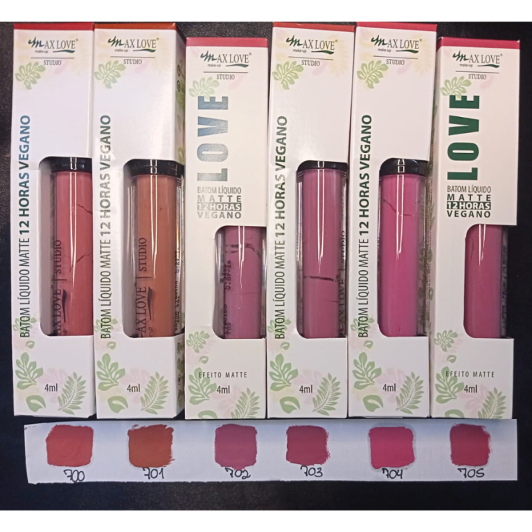 BATOM LÍQUIDO MATTE 12 HORAS VEGANO COR 700 AO 705 MAX LOVE BOX COM 48 UN