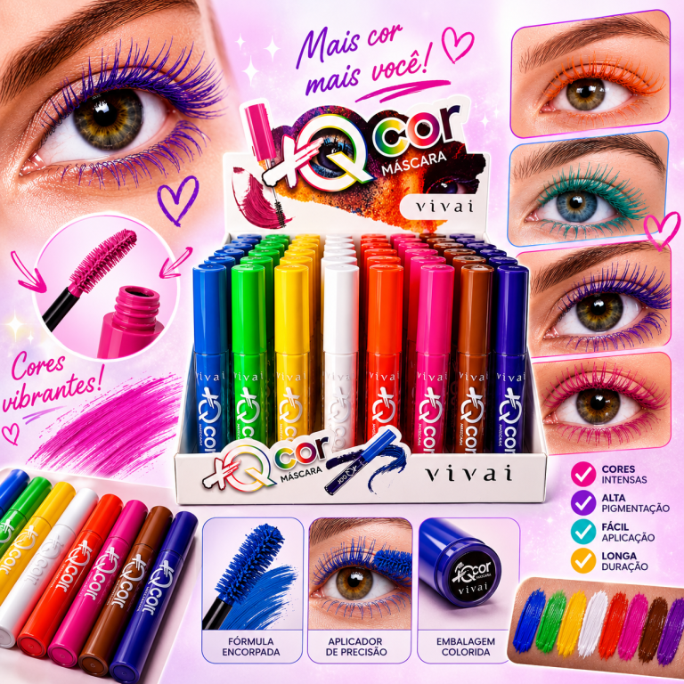 MÁSCARA DE CÍLIOS COLORIDA 8 CORES 2ML VIVAI BOX COM 48 UN  *VENCIMENTO 10/26
