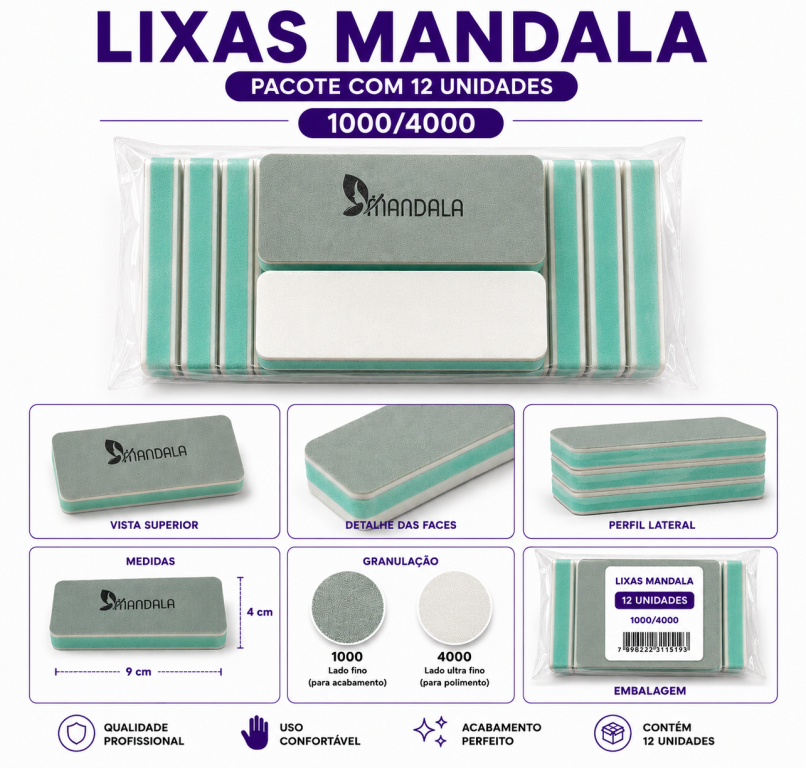 PACOTE MINI LIXA QUADRADA FINA MANDALA COM 12 UN
