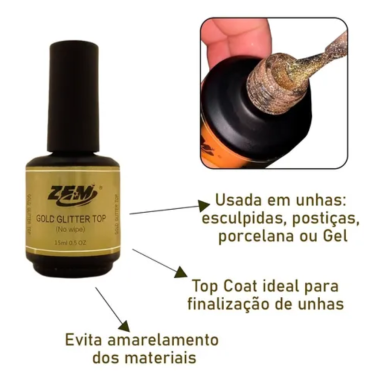 TOP COAT COM GLITTER GOLD (NO WIPE) ZEM 15 ML