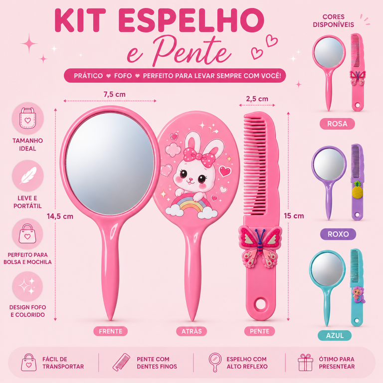 ESPELHO COM PENTE INFANTIL TAMANHO:14,5CM