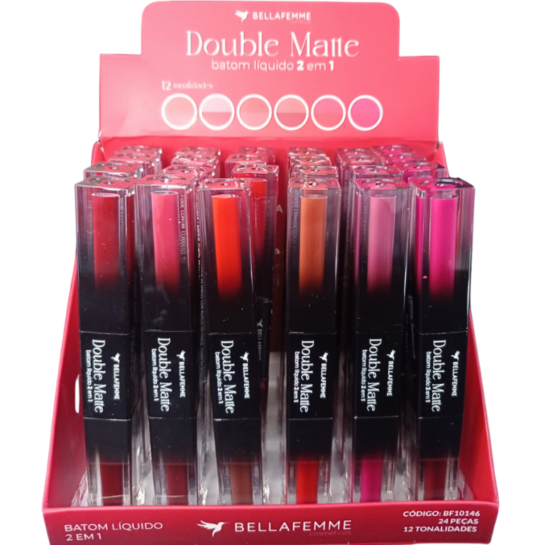 BATOM DUPLO LÍQUIDO DOUBLE MATTE BELLA FEMME 7ML BOX COM 24 UN