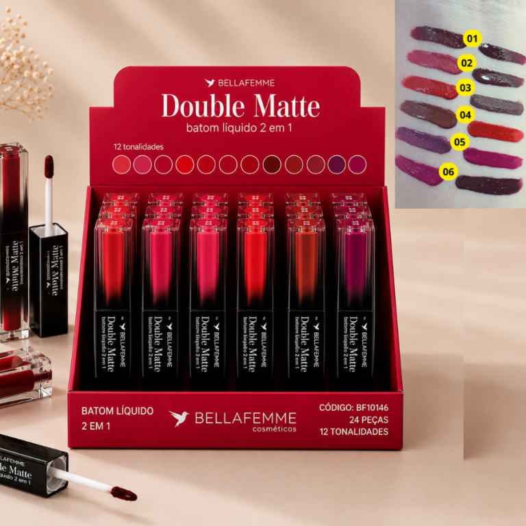 BATOM DUPLO LÍQUIDO DOUBLE MATTE BELLA FEMME 7ML BOX COM 24 UN