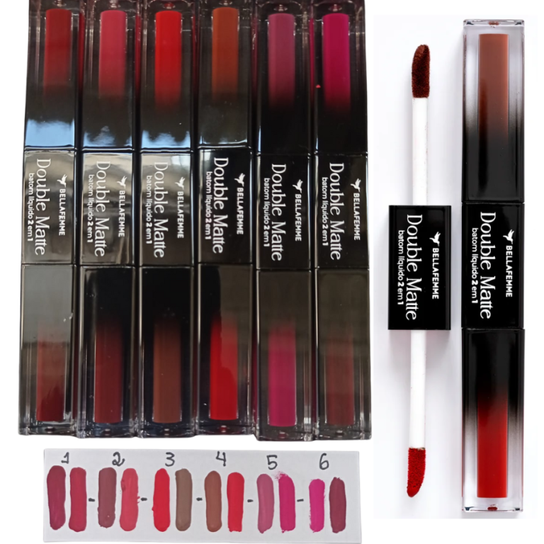BATOM DUPLO LÍQUIDO DOUBLE MATTE BELLA FEMME 7ML BOX COM 24 UN