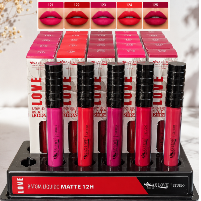 BATOM LÍQUIDO MATTE 12 HORAS 121/125 MAX LOVE BOX COM 48 UN