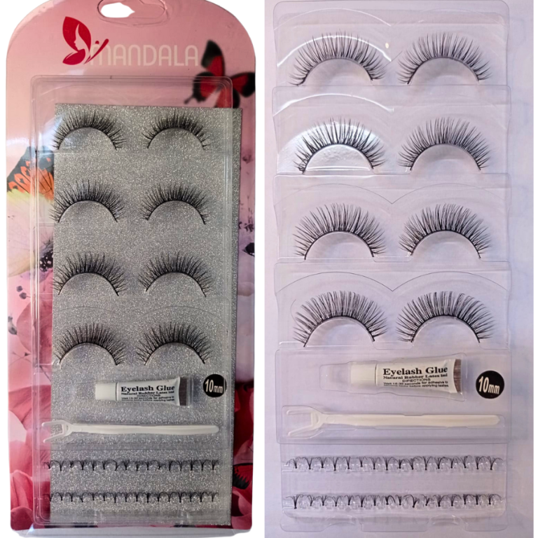 CARTELA DE CÍLIOS 4 PARES,COLA,APLICADOR E TUFINHOS 10MM MANDALA