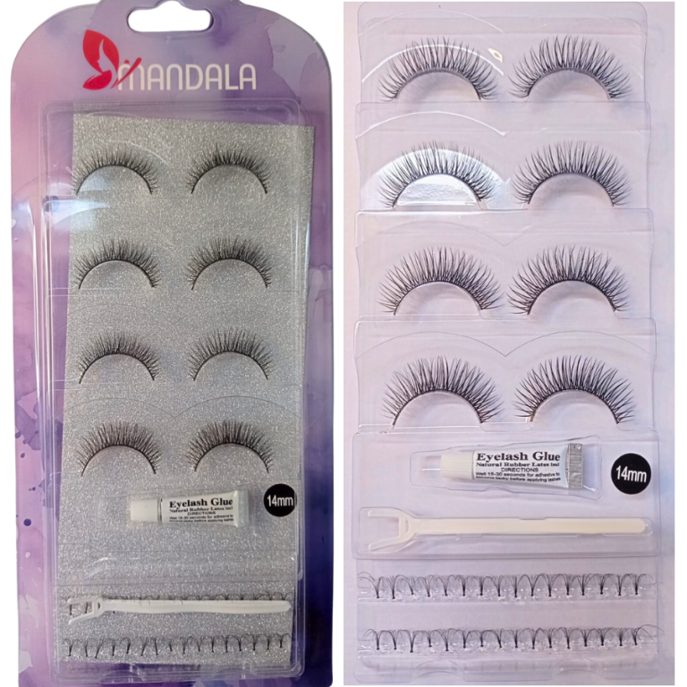 CARTELA DE CÍLIOS 4 PARES,COLA,APLICADOR E TUFINHOS 14MM MANDALA