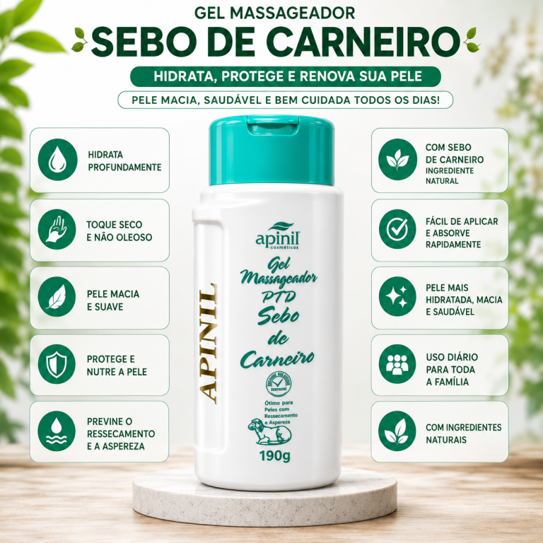 GEL MASSAGEADOR PTD SEBO CARNEIRO FRASCO APINIL 190G