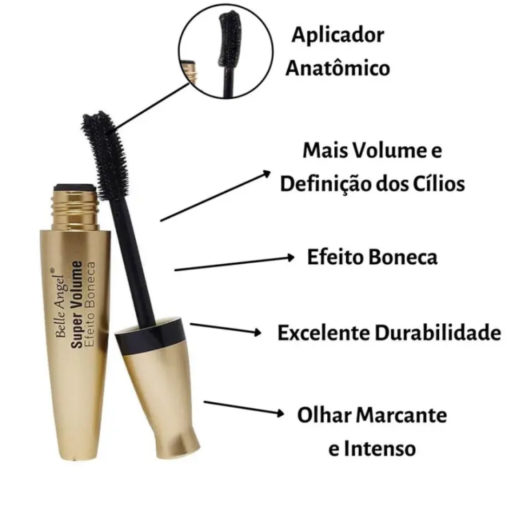 MÁSCARA DE CÍLIOS SUPER VOLUME EFEITO BONECA 18ML BELLE ANGEL BOX COM 24 UN