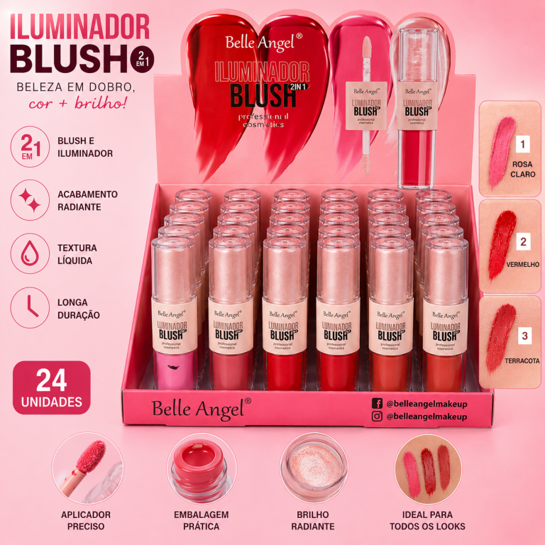 ILUMINADOR E BLUSH LÍQUIDOS BELLE ANGEL BOX COM 24 UN