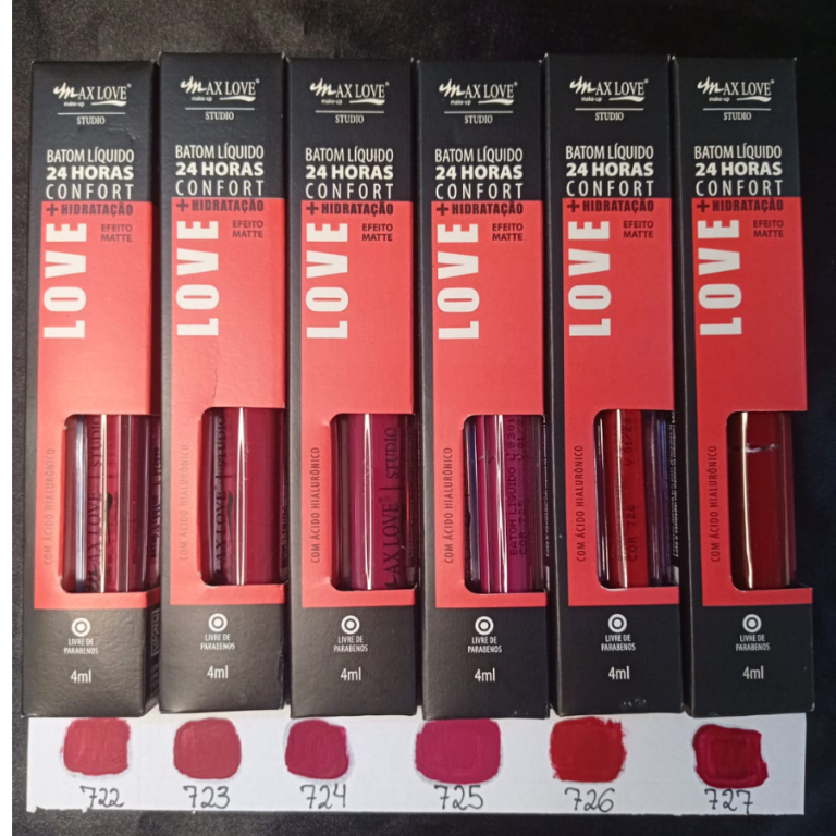 BATOM LÍQUIDO CONFORT 24 HORAS COR 722 AO 727 MAX LOVE BOX COM 48 UN