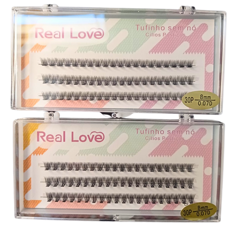 CARTELA DE CÍLIOS TUFINHOS SEM NÓ 30P 08MM 0.07D REAL LOVE BOX COM 10 UN