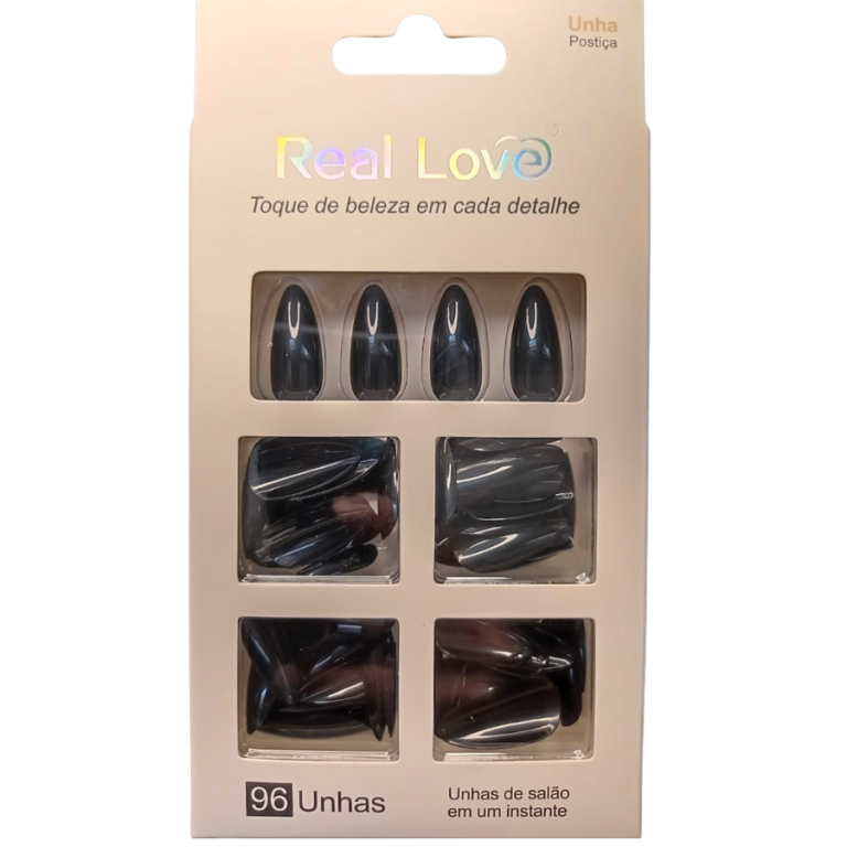 UNHA POSTIÇA TONS PRETO ESTILETO REAL LOVE COM 96 UN