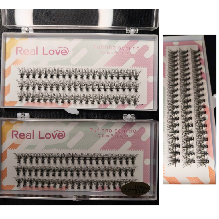 CARTELA DE CÍLIOS TUFINHOS SEM NÓ 20P 10MM 0.10D  REAL LOVE BOX COM 10 UN