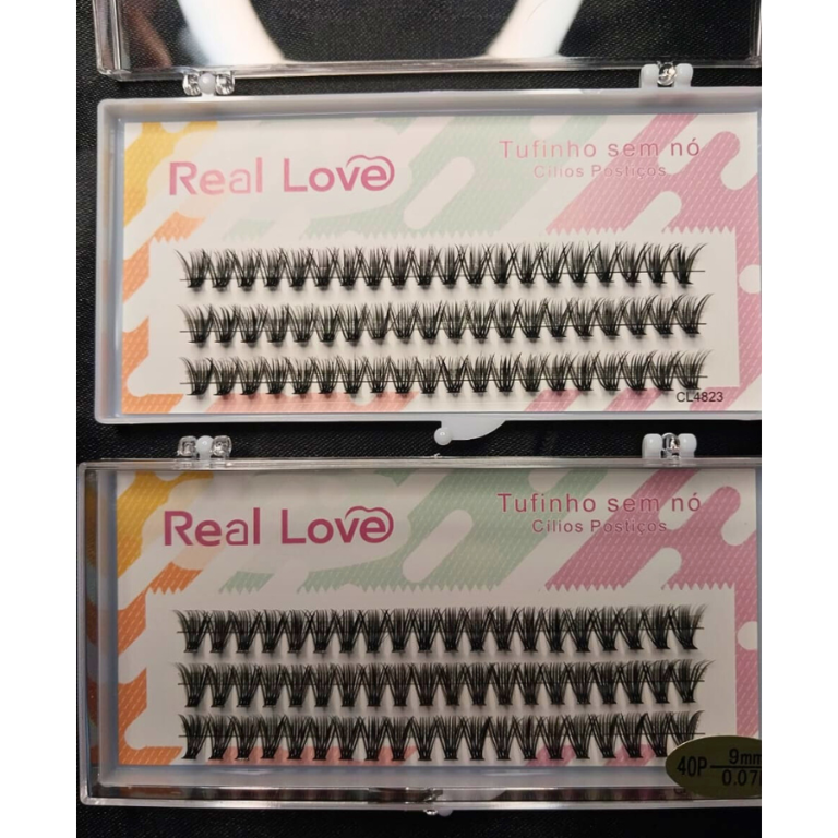 CARTELA DE CÍLIOS TUFINHOS SEM NÓ 40P 09MM 0.07D  REAL LOVE BOX COM 10 UN