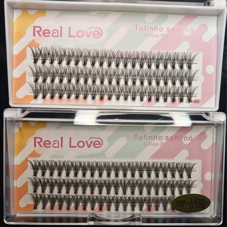 CARTELA DE CÍLIOS TUFINHOS SEM NÓ 20P 12MM 0.10D REAL LOVE BOX COM 10 UN