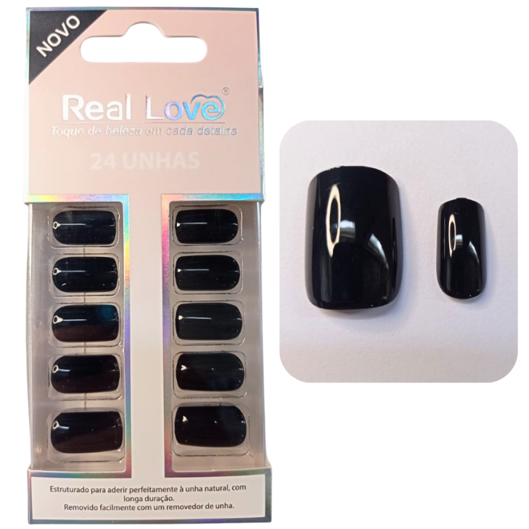 UNHA POSTIÇA QUADRADA PRETA S25 REAL LOVE COM 24 UN