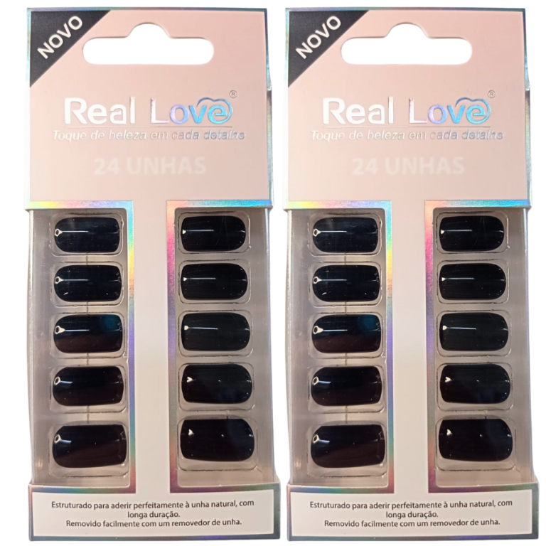 UNHA POSTIÇA QUADRADA PRETA S25 REAL LOVE COM 24 UN