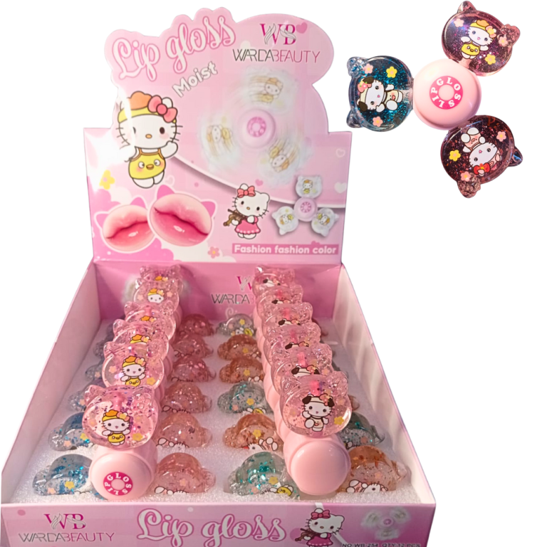 LIP GLOSS SPINNER 3 EM 1 COM GLITTER HELLO KITTY BOX COM 12 UN