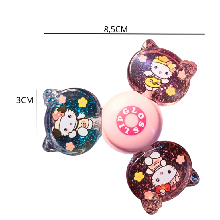 LIP GLOSS SPINNER 3 EM 1 COM GLITTER HELLO KITTY BOX COM 12 UN