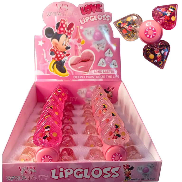 LIP GLOSS SPINNER 3 EM 1 COM GLITTER MINNIE MOUSE BOX COM 12 UN