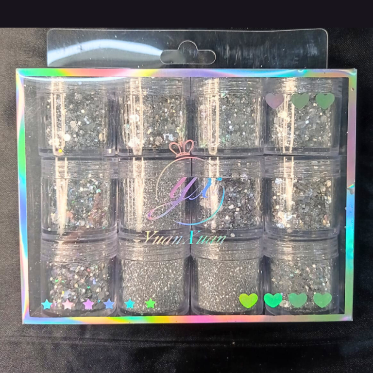 KIT GLITTER E LANTEJOULAS CINZA COM 12 POTINHOS